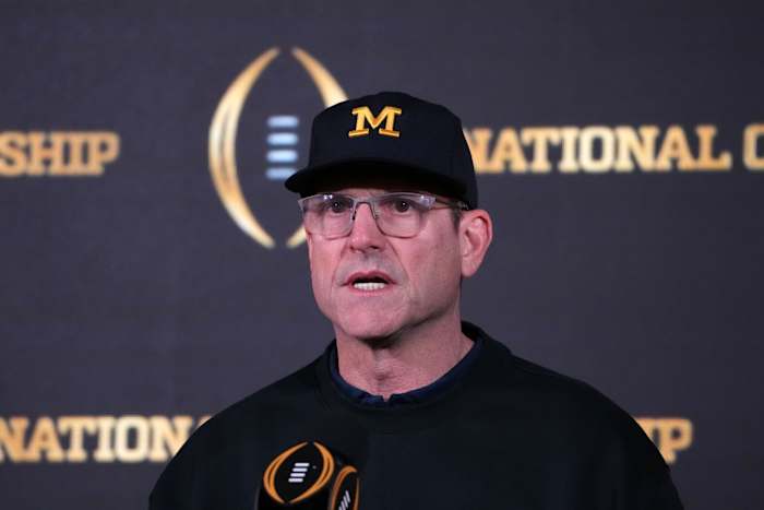 Jan 9, 2024; Houston, TX, USA; Michigan Wolverines coach Jim Harbaugh during College Football National Championship press conference at JW Marriot Houston by the Galleria.